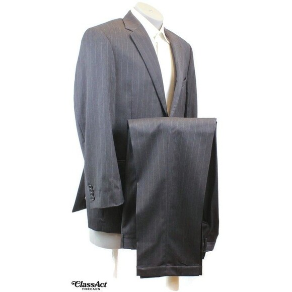 Jos A Bank 2 Pc Suit Mens Gray Striped Tailored Fit Wool 2 Btn 43R 34" Waist - Picture 1 of 11